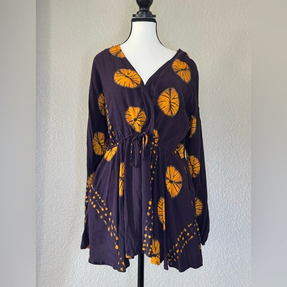 Lulu's Purple and Orange Long Sleeve Drawstring Romper w/ Pockets | Size XL